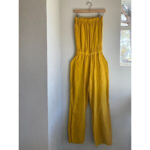 Jolie Los Angeles 100% Linen Golden Mustard Strapless Jumpsuit Wide Leg M